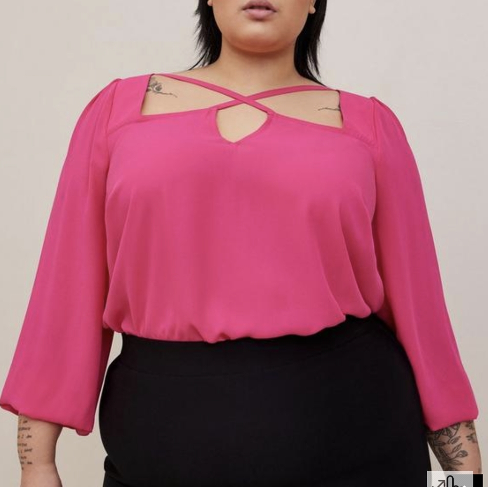 Torrid NWT Plus 1 14 16 Hot Pink Criss Cross Cut Out Top Blouse Career Wear